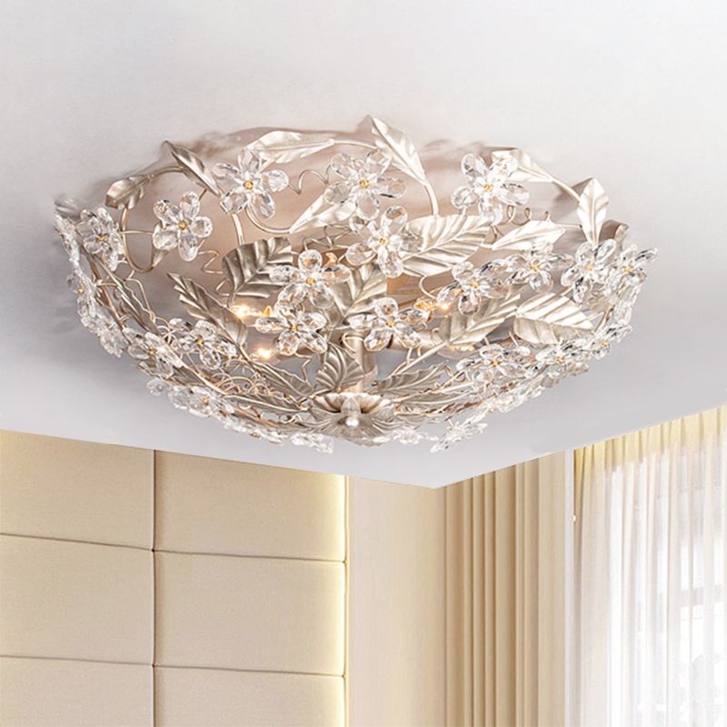 Corredor de hoja semi iluminación de montura Cristal de flores modernistas 2 luces envejecidas de techo plateado montado en el techo montado