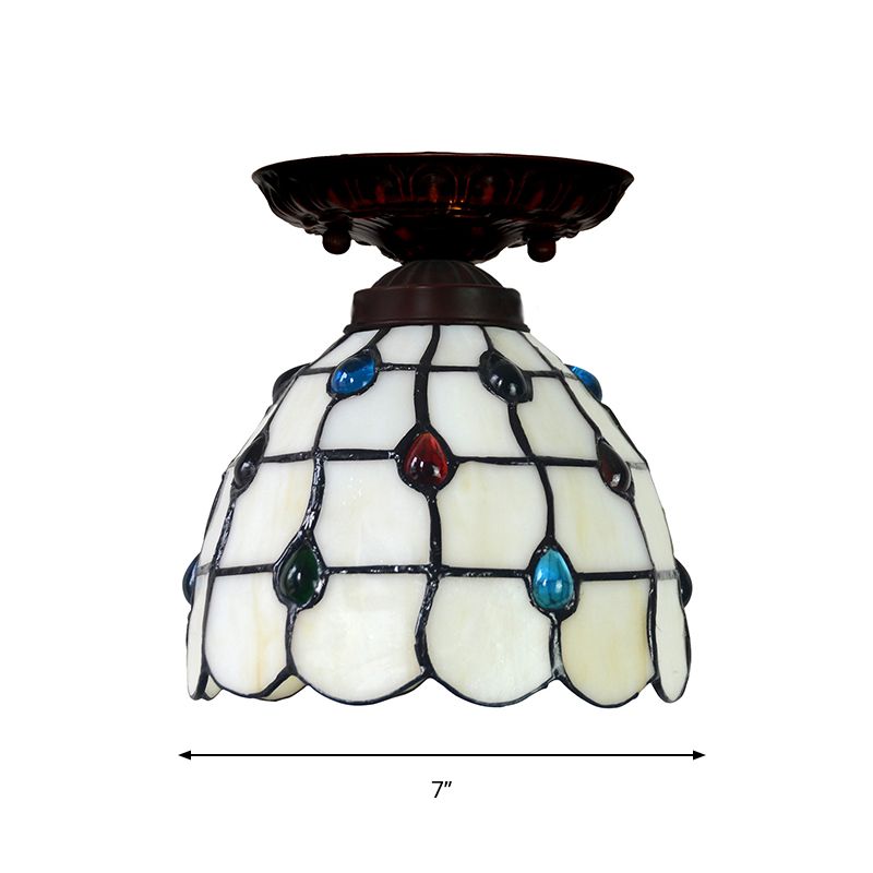Bell / Globe Flush Fixture de la lumière Tiffany White Grille en verre Cbeille à Beige Single Beige Mount Ceiling Light with Jewels