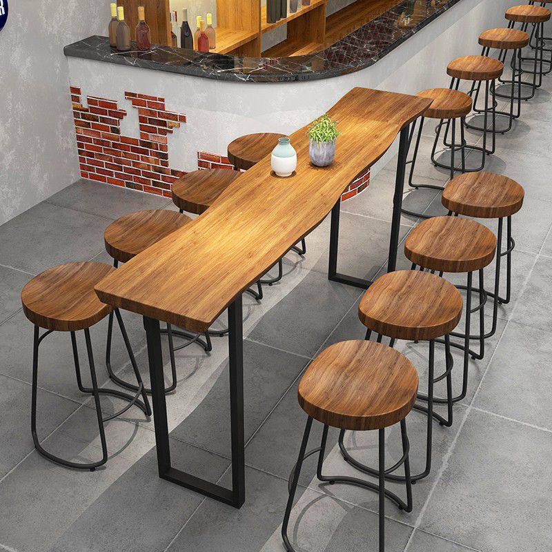 Contoured Seat Dining Stools Solid Wood Bar Stools with Metal Base