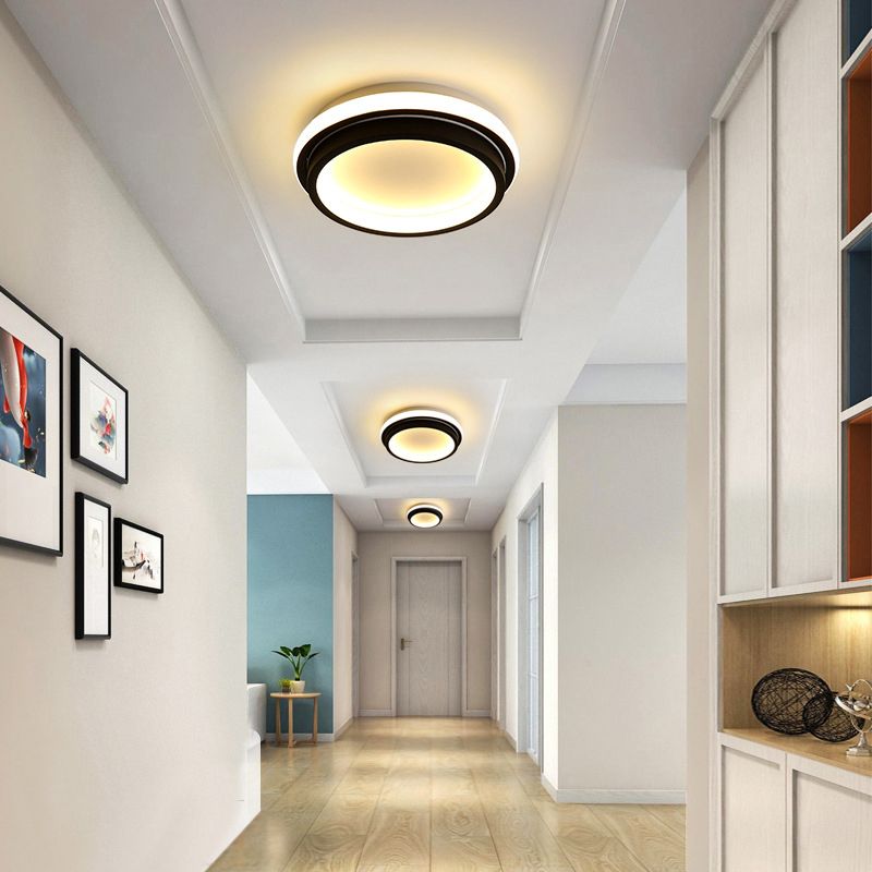 LED Foyer Flush Mount Ceiling Light Simple Style Black Flush Lamp with Square/Round Metal Shade in White/Warm/3 Color Light