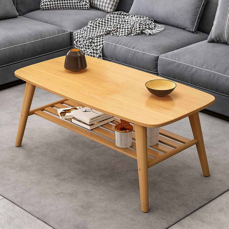 Nordic Style Rectangular Solid Wood 4 Legs Base with Storage Rack Coffee Table