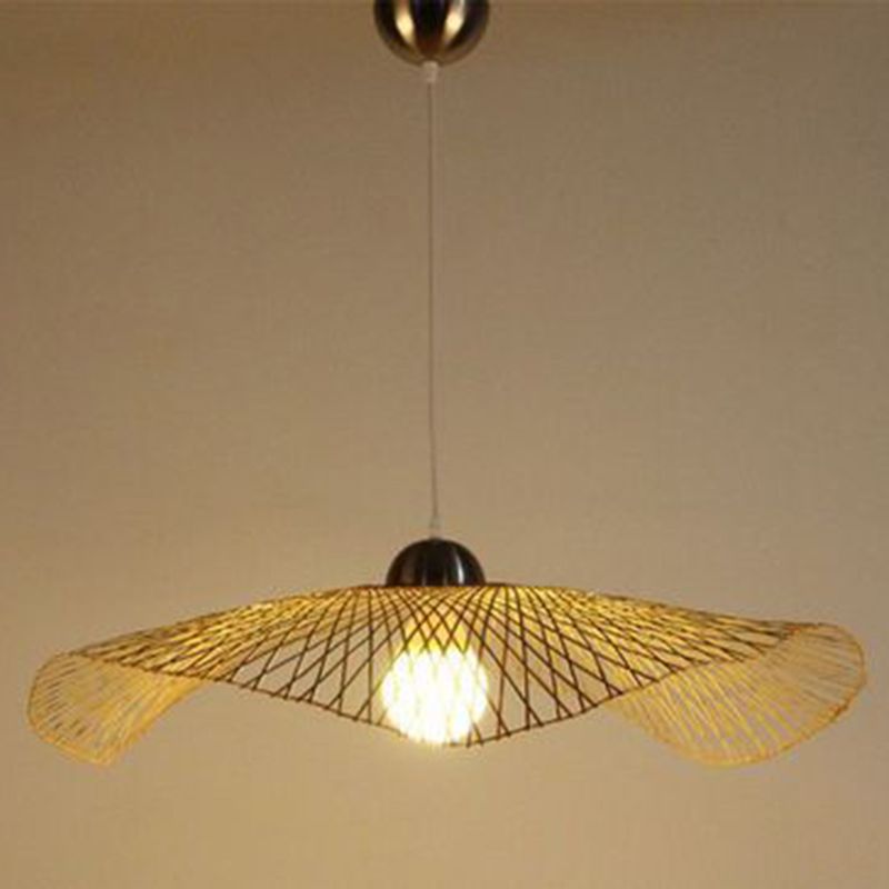 Bamboo Hat Hanging Light Fixture Asia Style Beige Suspension Pendant Light for Restaurant