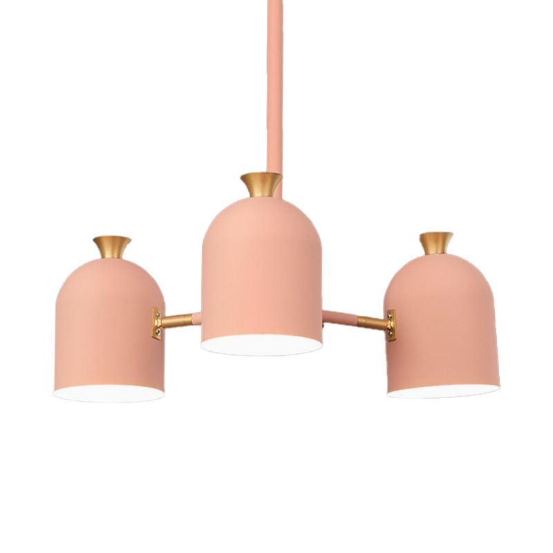 3 Lights Cup Hanging Light Macaron Style Metal Chandelier in Pink for Girls Bedroom