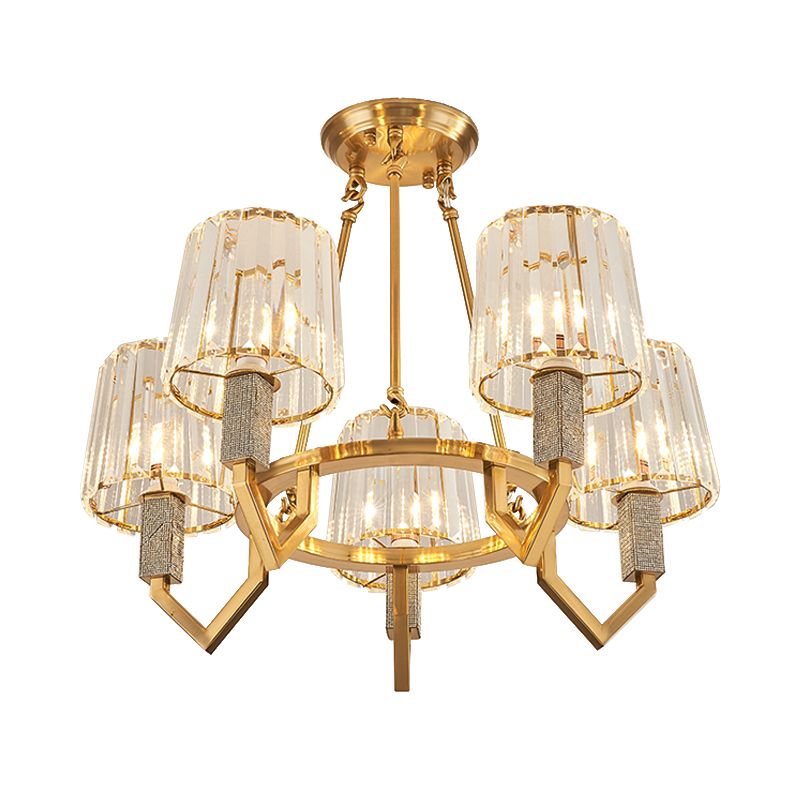 6 Heads Crooked Arm Semi Flush Modern Gold Clear Crystal Tapered Shade Ceiling Light