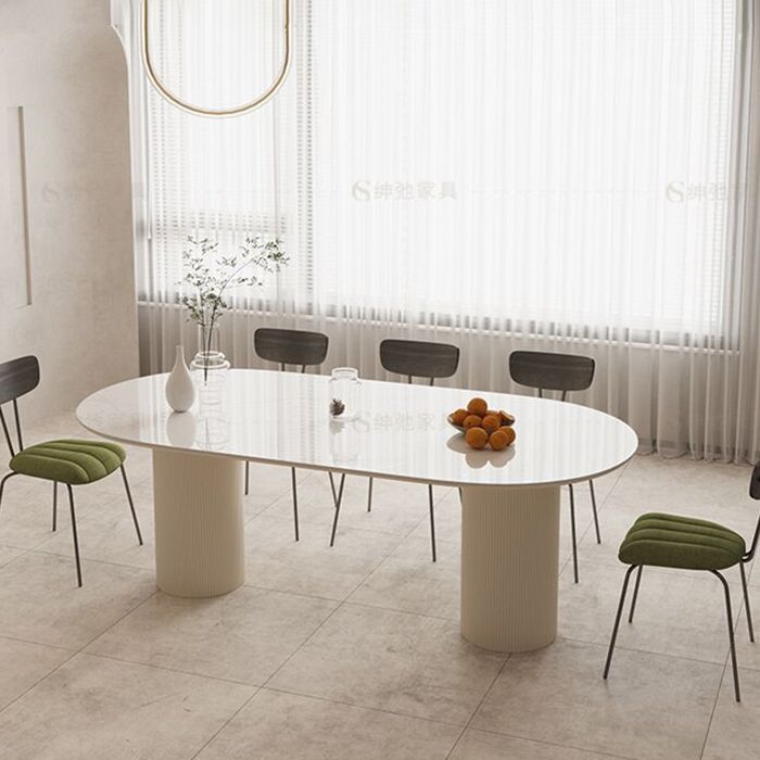Sintered Stone Luxury White Table Oval Dining Table with Double Pedestal