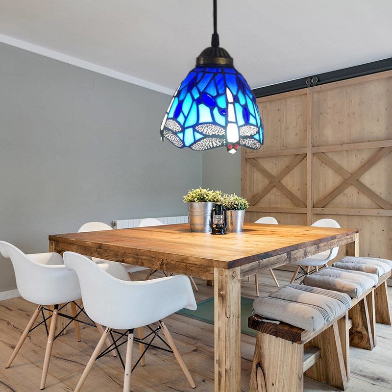 Traditional Classic Dragonfly Hanging Light Stained Glass 1 Head Blue Small Pendant Light for Bar