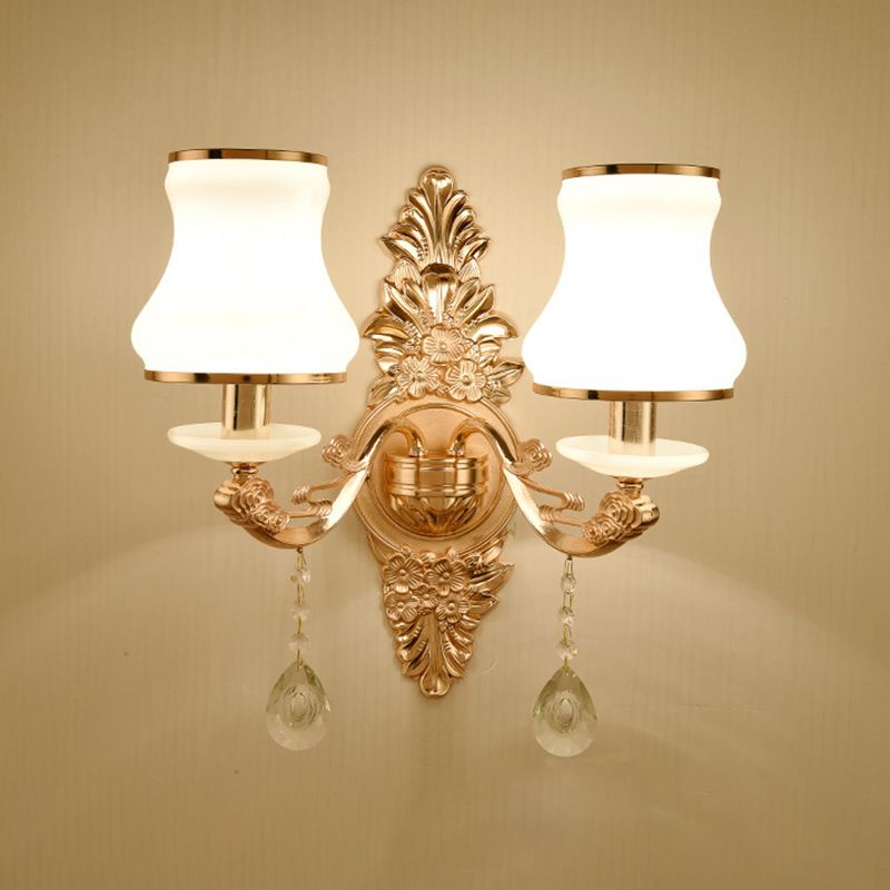 Gold Floral Wall Light Fixture Vintage Glass Living Room Wall Mounted Lamp with Crystal Accent