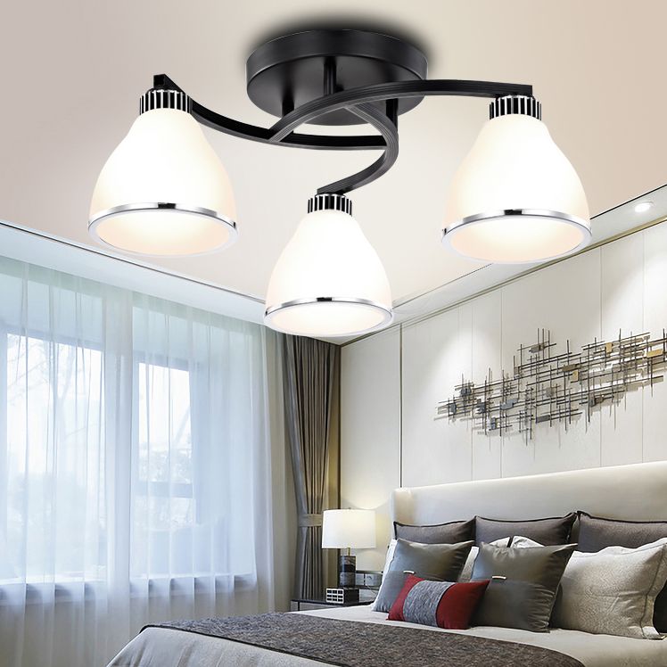 Modern Bell Shaped Flush Lamp White Glass Living Room Semi Flush Ceiling Light in Black