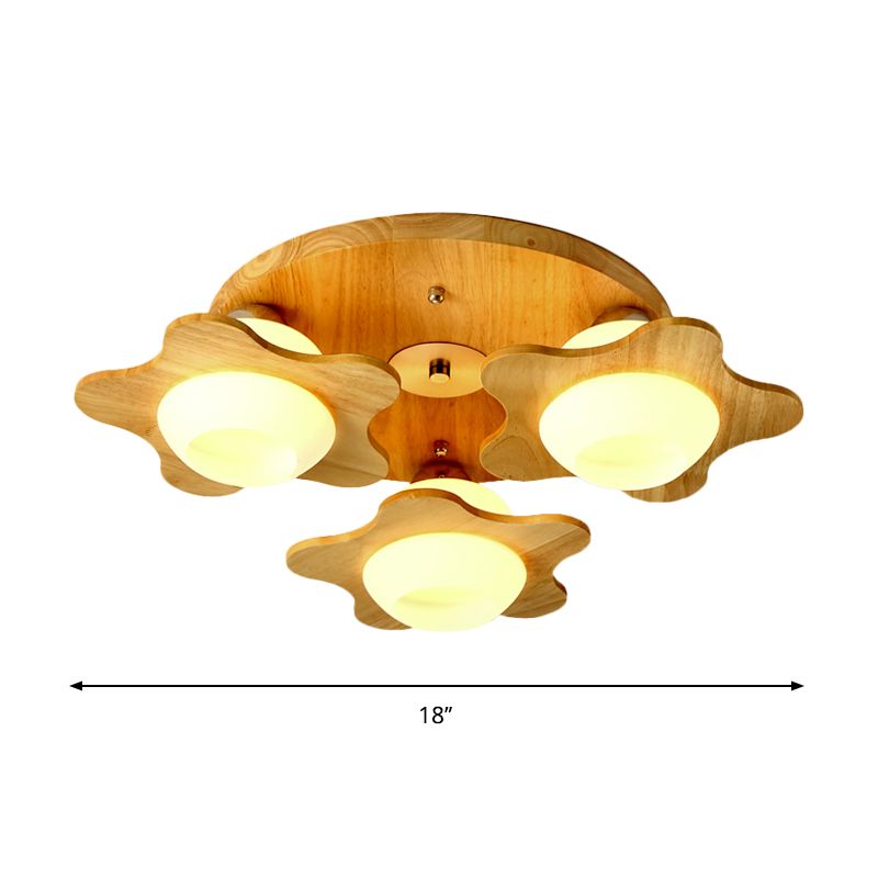 Wood Floral Semi Mount Modern 3/5 Lights Beige Flushmount Lighting with Sphere Milk Glass Shade