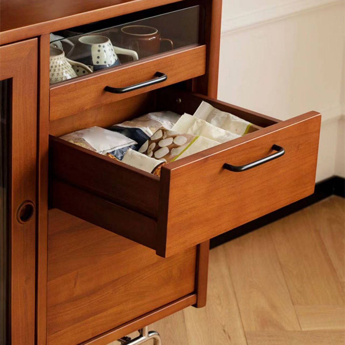 Modern 2-drawer Sideboard Table Brown Pine Solid Wood Credenza with Glass Door