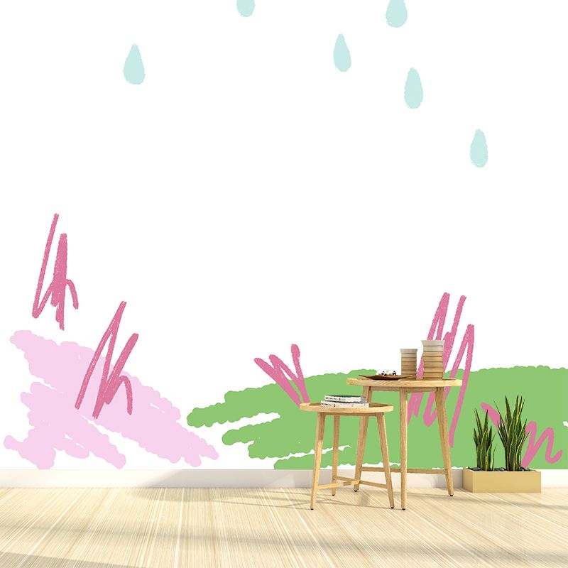 Huge Rainy Spring Scribble Mural Green Non-Woven Wall Covering, Waterproof, Optional Size