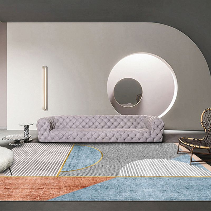 Modern Color-Blocked Carpet Blue Polyester Area Rug Stain Resistant Rug for Living Room