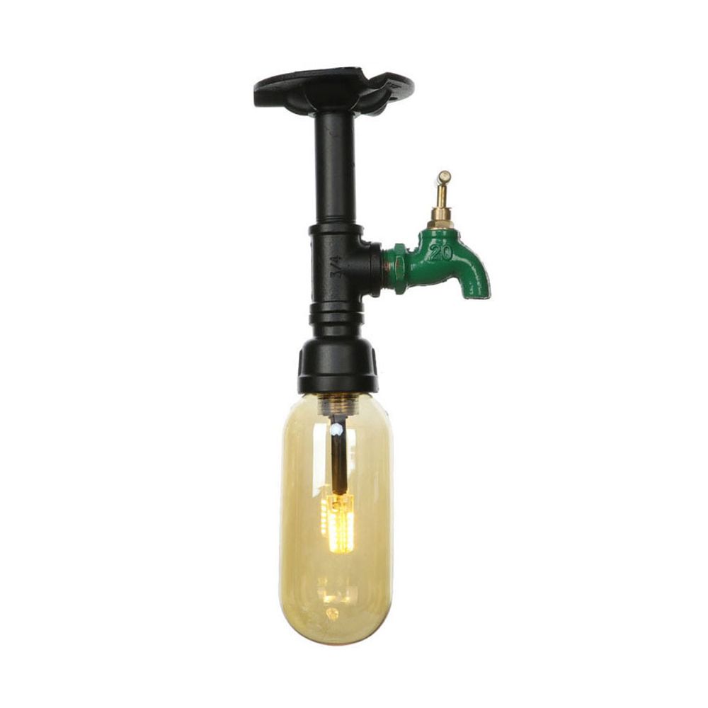 1 Light Capsuled Shade Semi Flush Light Industrial Black Amber Glass Ceiling Mount with Pipe Design