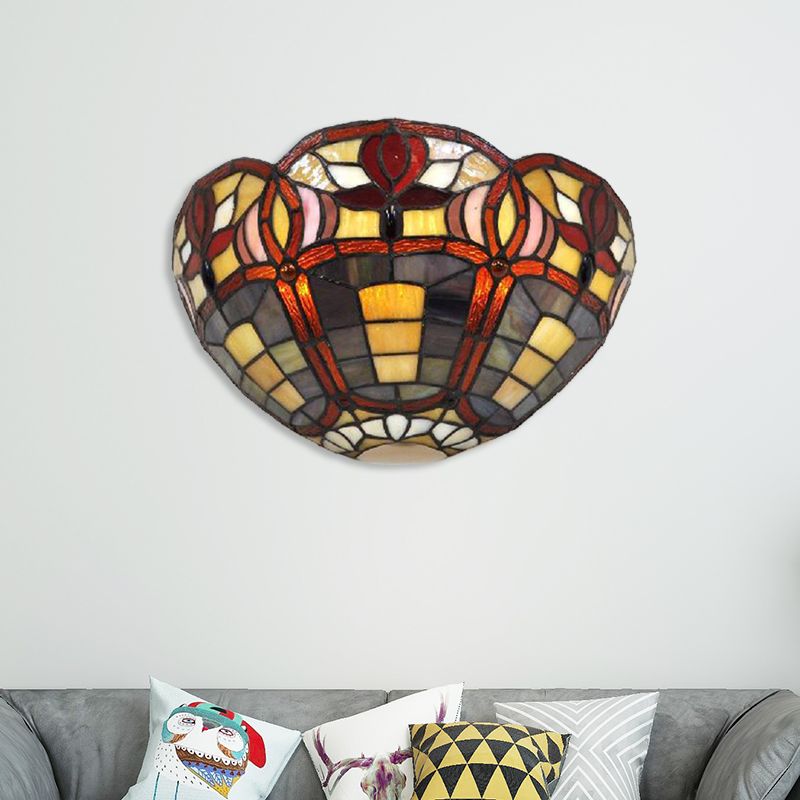 Art Glass Bowl Wall Lighting Rustic Tiffany 1 Light Wall Sconce Lamp in Red Brown for Corridor