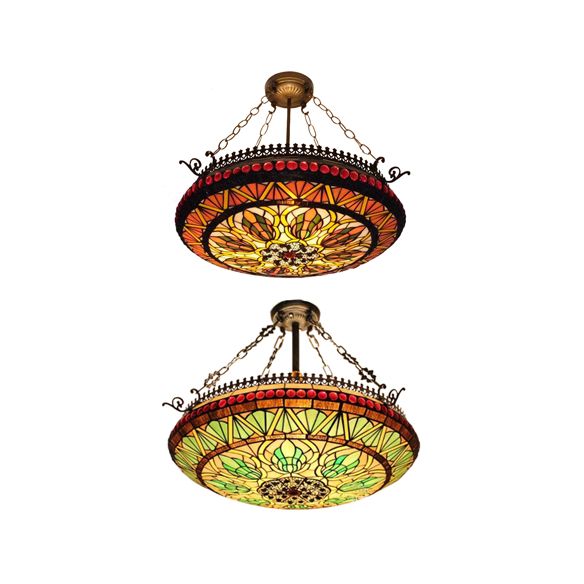 Inverted Chandelier Lighting Tiffany 3 Lights Stained Glass Hanging Light in Orange/Green