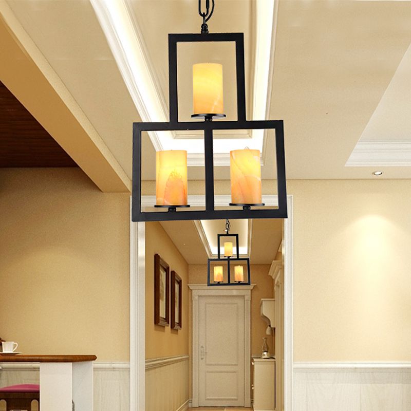 Yellow Dolomite Black Finish Chandelier Lamp Cylinder 3-Light Country Hanging Lighting with 3-Rectangle Frame