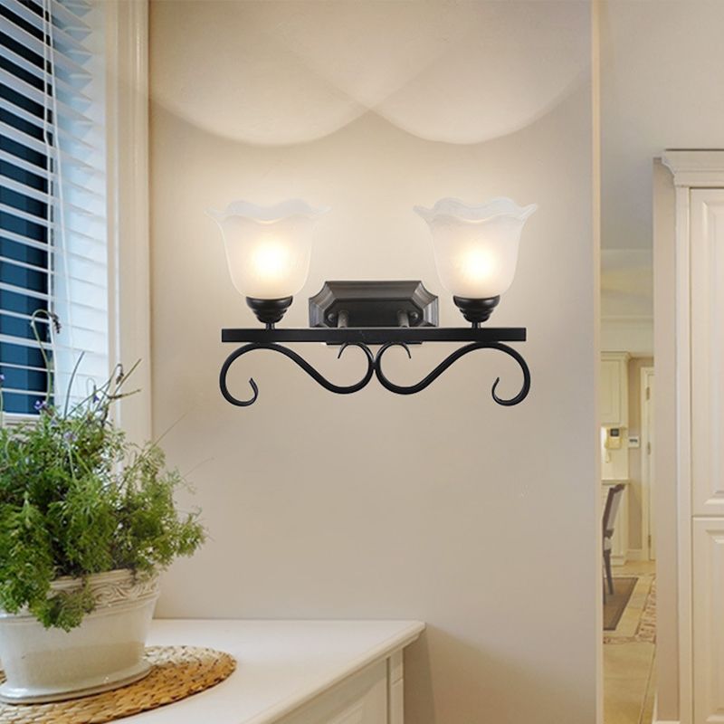 Frost Glass Black Wall Light Fixture Flower Shaped Vintage Wall Mounted Lamp for Bedroom