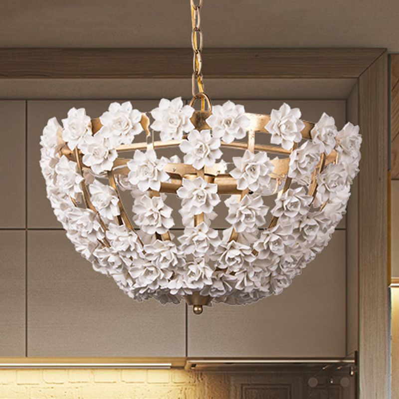 16"/19.5" Wide Hemisphere Chandelier Lighting Modern Metal Silver/Gold 3 Bulbs Hanging Ceiling Light with Ceramic Flowers