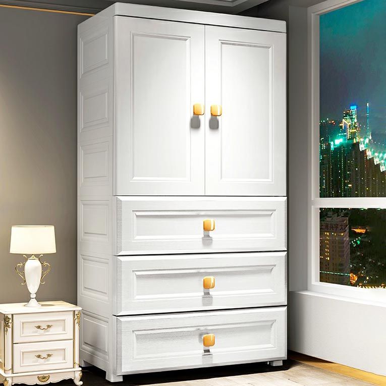 White Plastic Armoire, 2-Door Wardrobe With 2-Drawers and Clothing Rod