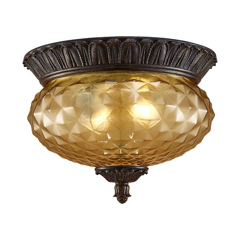 Oval Kitchen Flush Mount Lamp Rustic Amber Beveled Glass 2-Bulb Black Ceiling Lighting Fixture