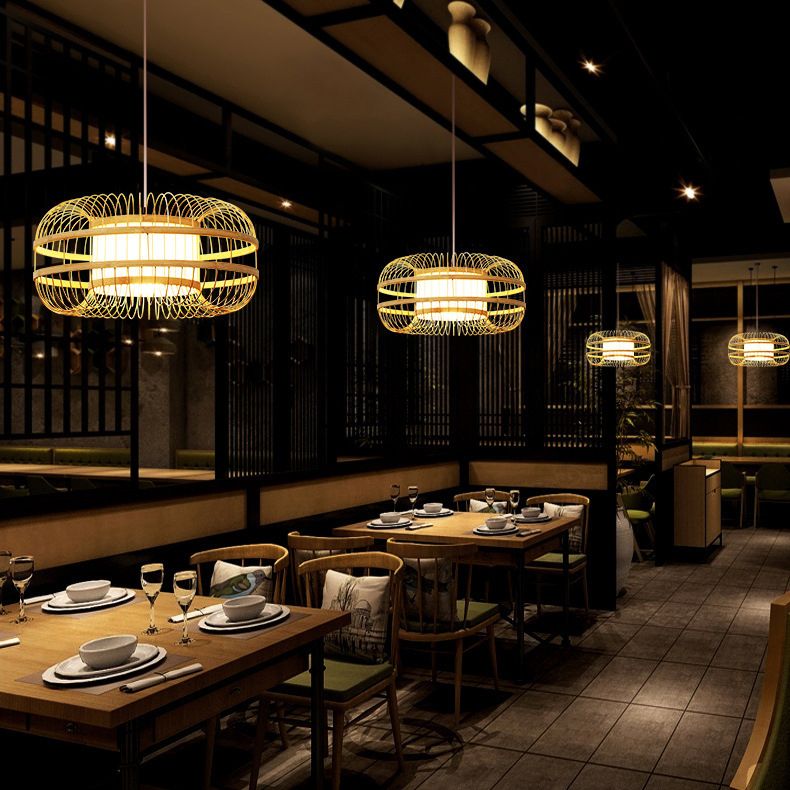 Beige 1-Light Japanese Hanging Lamp Kit Lantern Silk Pendant for Dining Room