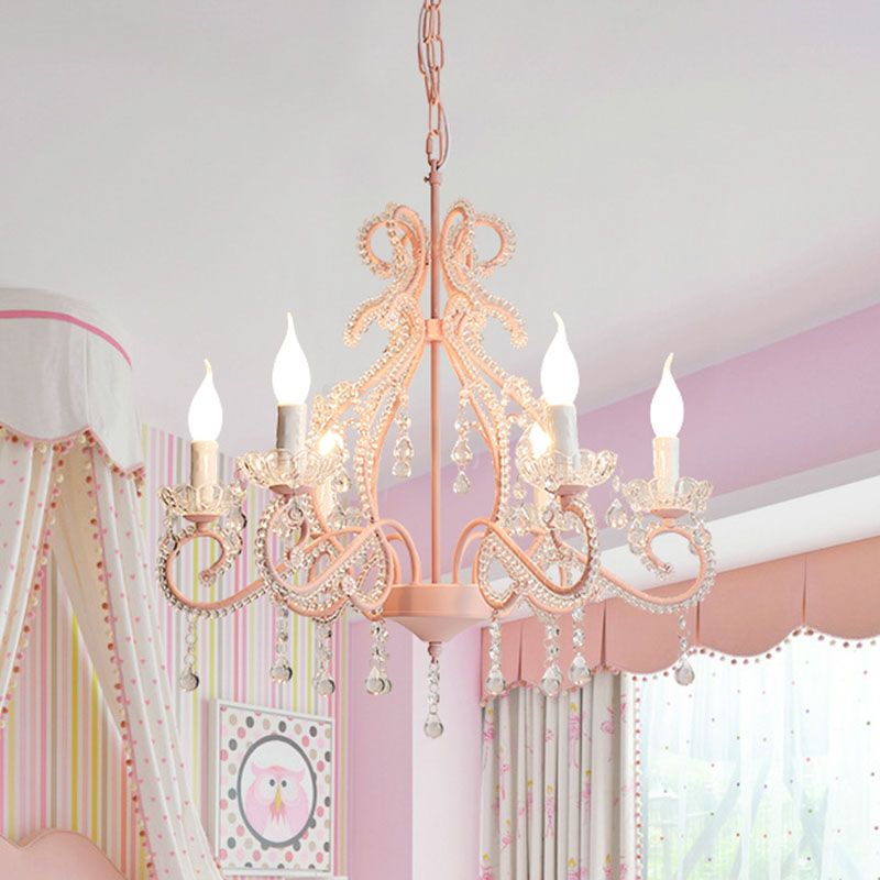 Lampada lampada rosa in perline di cristallo Candlestick 6 Luci a sospensione moderna