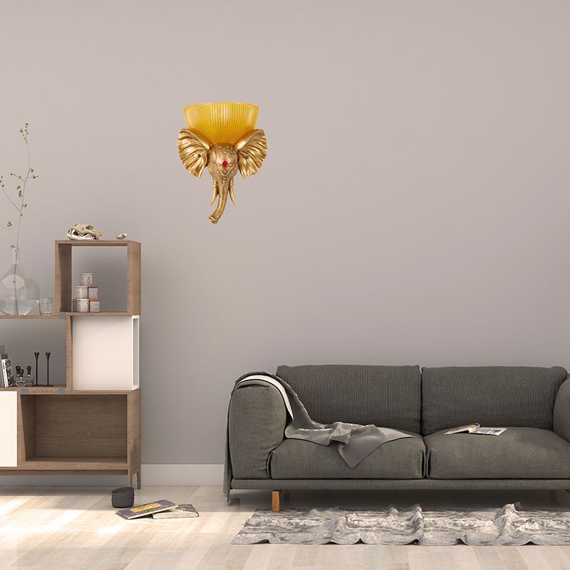 Kolonialschüsselwandhalterung Beleuchtung Bernsteinglas 1 Kopfwandmontierte Lampe mit weißer/goldener Elefantennase nach links/rechts