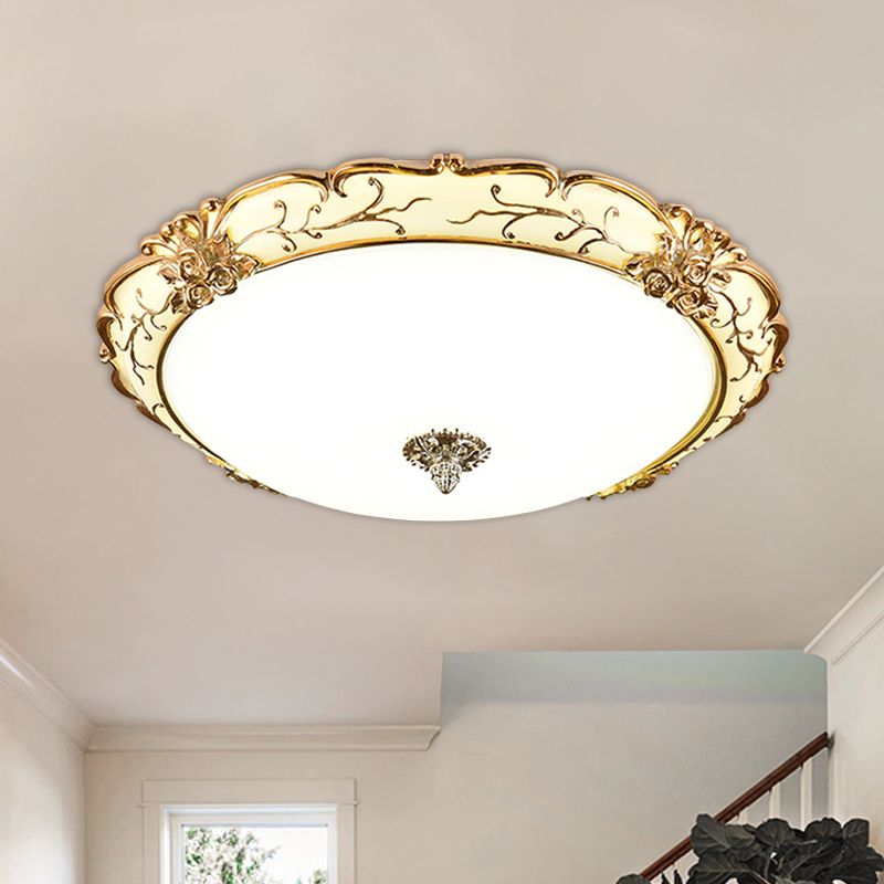 Scroll bloemenversiering opaalglas inbouw vintage slaapkamer 14"/16"/19,5" brede LED-plafondlamp in messing
