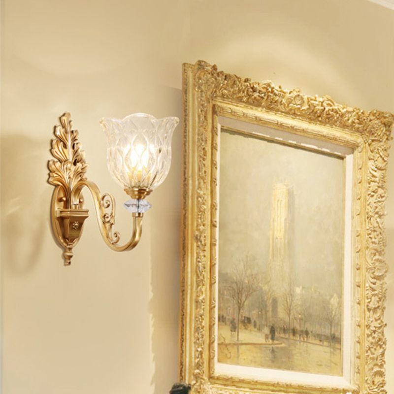 Gold Wall Mount Light Traditional Carved Glass Ruffle Bell Wall Light Fixture for Corridor