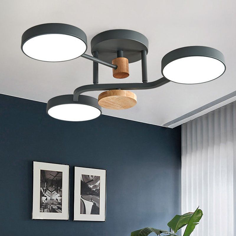 Round Semi Flushmount Lighting Macaron Metallic LED Bedroom Flush Mount Lamp Fixture in Grey/White/Green with Curved Arm