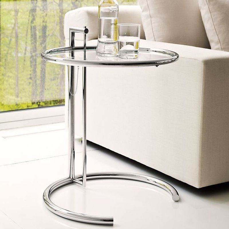 Round Glass Top End Table with Stainless Steel C Base Side Table