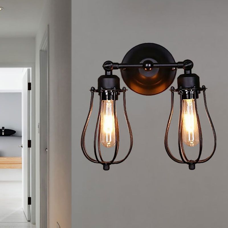 Industrial Style Caged Wall Sconce Lighting with Bulb Shade 2 Lights Metal Mini Wall Light in Copper/Aged Silver