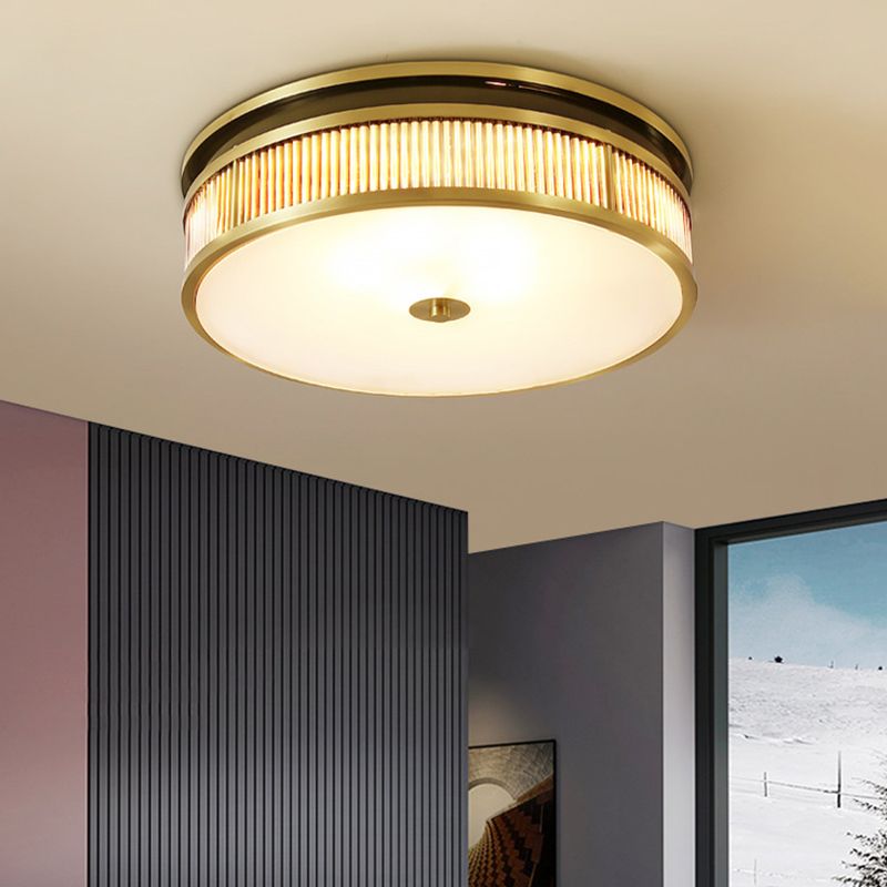 4 Lights Great Room Flush Lamp Minimalist Brass Ceiling Mounted Fixture with Drum Opal Glass Shade