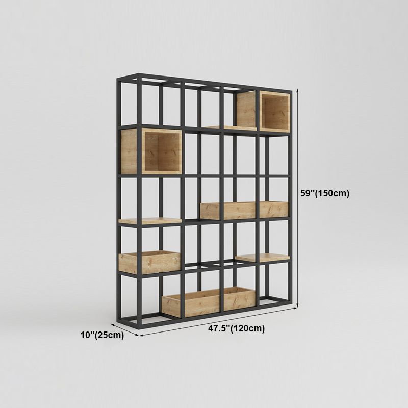 Modern Open Etagere Bookshelf with Black Iron Frame Pine Wood Shelf