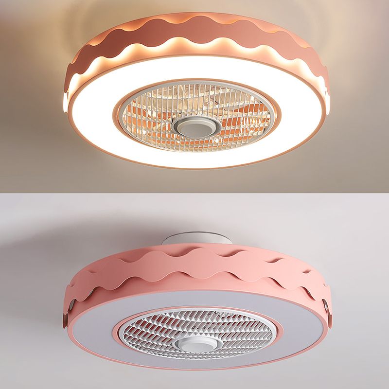 Macaron Drum Shaped Ceiling Fan Metal Child Bedroom LED Semi Flush Light