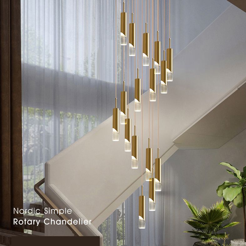 Modern Tube Shape Pendant Gold Metal Multiple Hanging Ceiling Light for Spiral Stair