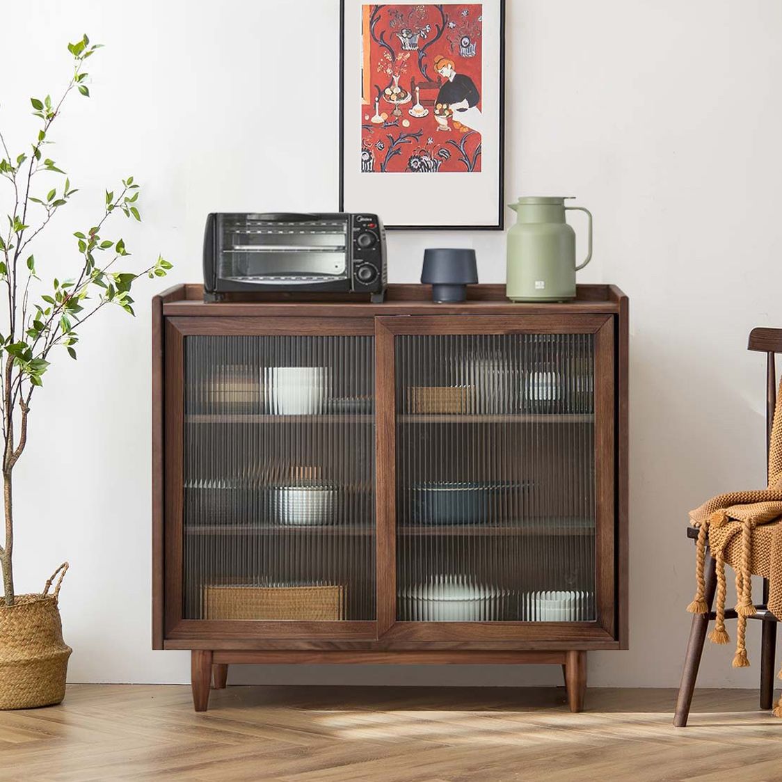 Modern Glass Doors Display Stand Pine Storage Cabinet for Living Room