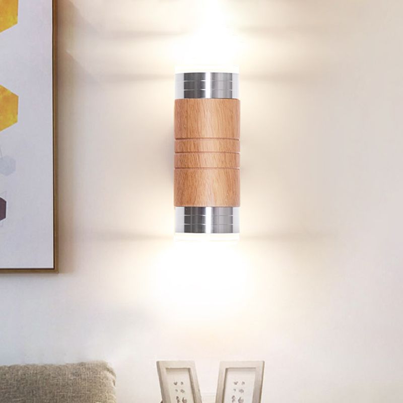 Cylinder Wooden Wall Sconce Light Asian 1 Bulb Chrome LED Wall Lighting for Living Room