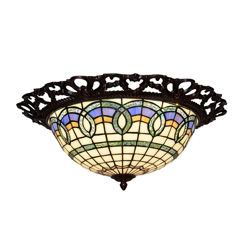Grid Bowl Shaped LED Ceiling Lamp Baroque Bronze Stained Glass Flush Mount Lighting