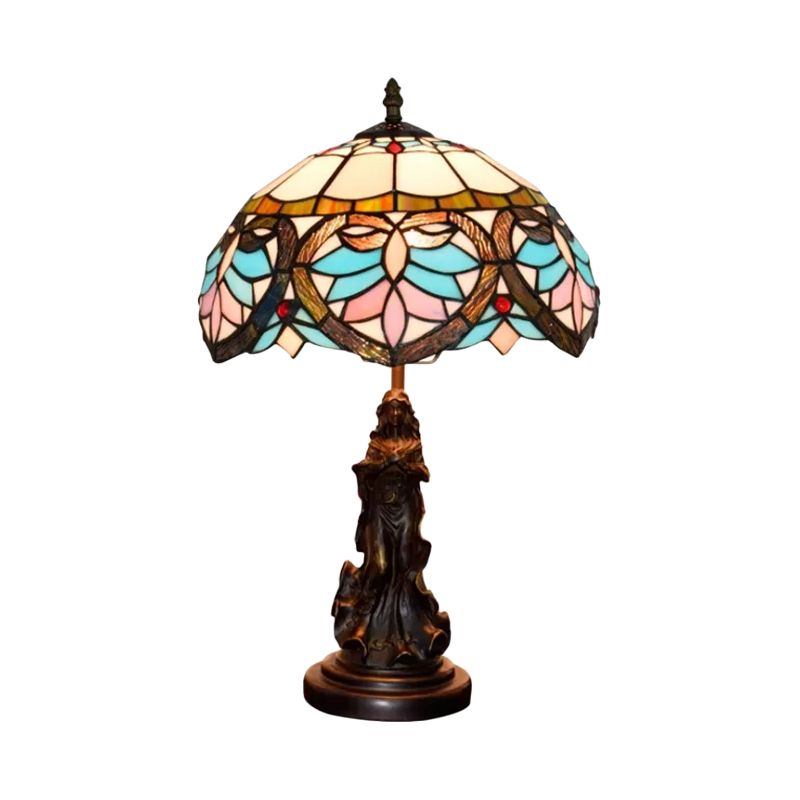 Beige/Blue Stained Glass Dome Table Light Tiffany Style 1 Bulb Bronze Nightstand Lamp with Angel Decoration
