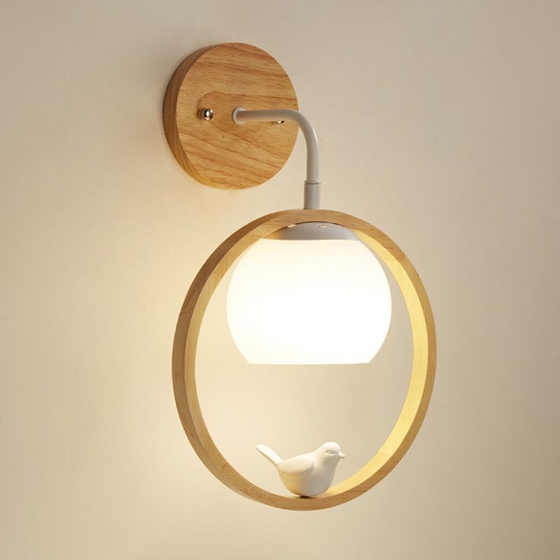 White Globe Shaded Wall Light Contemporary Wood Lighting for Foyer