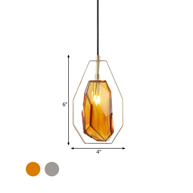 Retro 1 Head Suspended Light Smoke Grey/Cognac Glass Gemstone Pendant Lighting with Brass Frame over Table