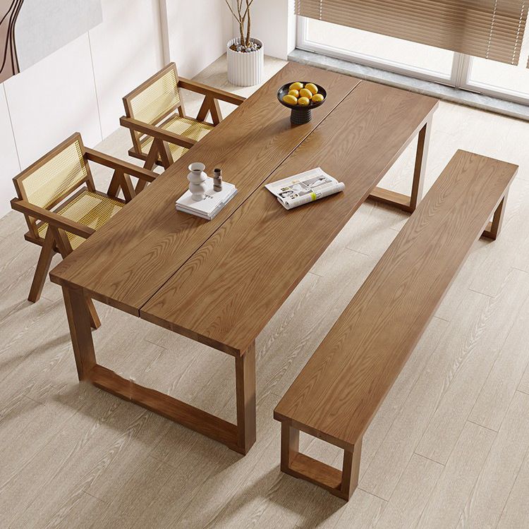 Brown Solid Wood Dining Table Modern Rectangular Furniture with Double Pedestal Base