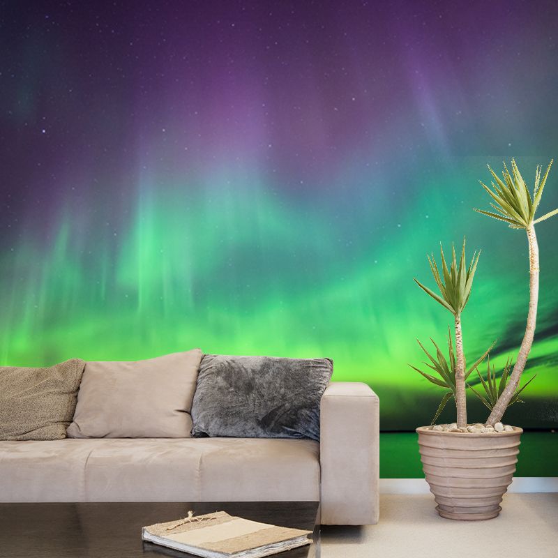 Draping Aurora over Lake Mural Wallpaper Purple-Green Nordic Wall Decor for Living Room