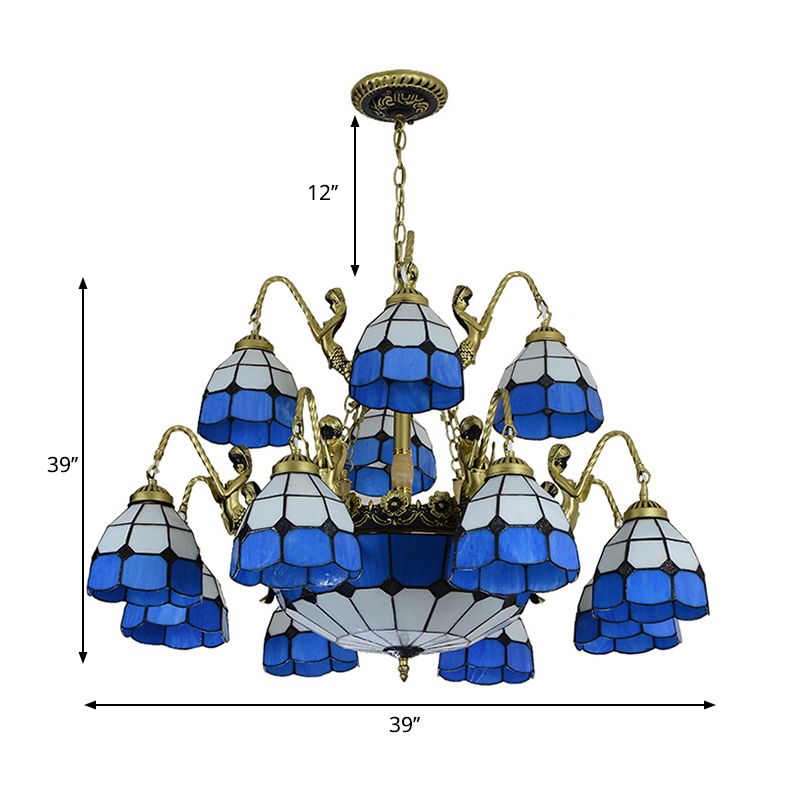 15 Lichter Wohnzimmer Deckenlampe Tiffany Stil blau Kronleuchter Licht mit kuppel geschnittener Glasschatten
