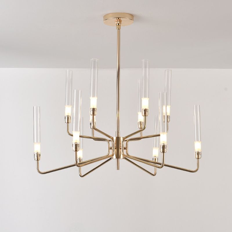 Gold Metal Pendant Light Mid-Century Cylindrical Clear Glass Shade Chandelier Lighting for Living Room