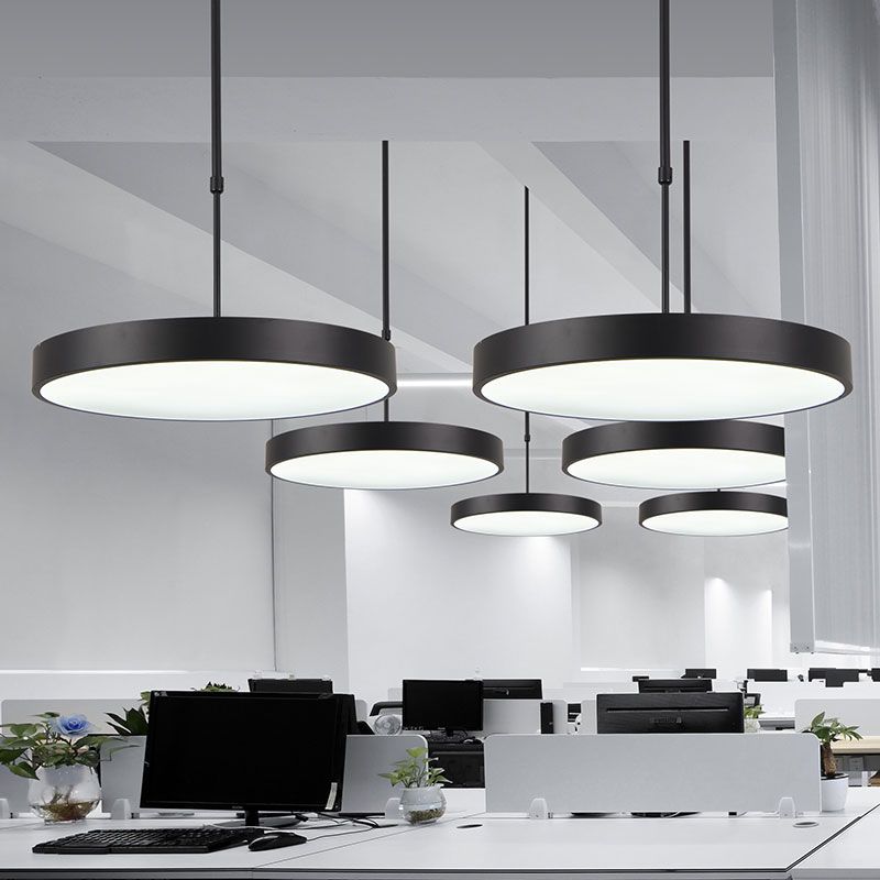 Adjustable Height Round Suspension Lamp Modern Metal Office LED Pendant Light in Black