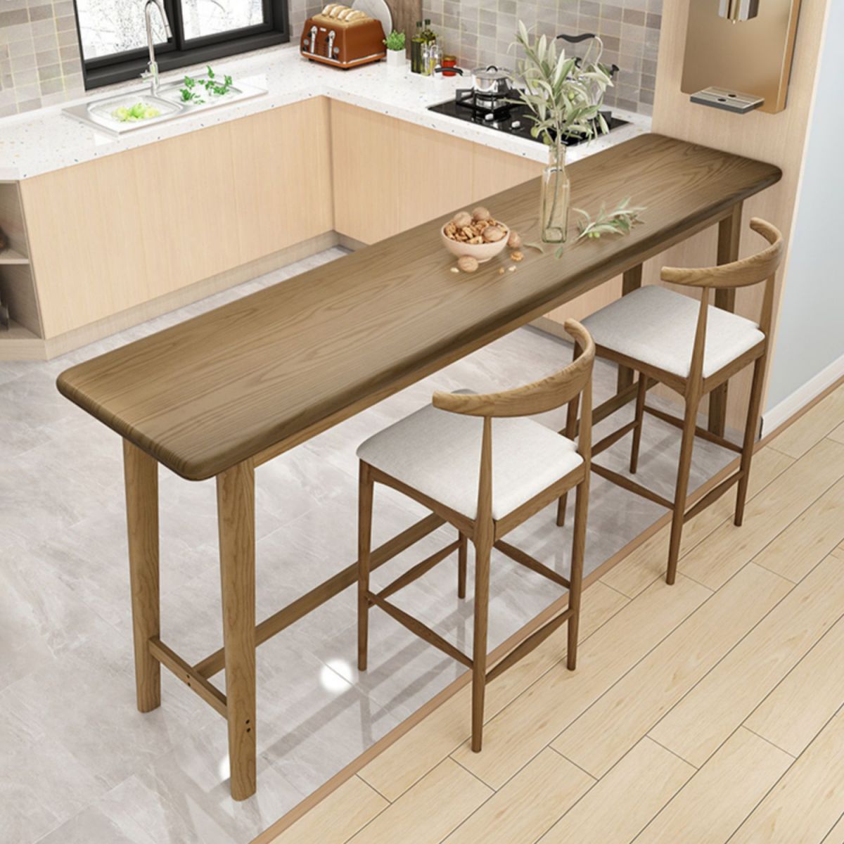 Brown Ash Wood Rectangle Bar Table with Trestle for Living Room