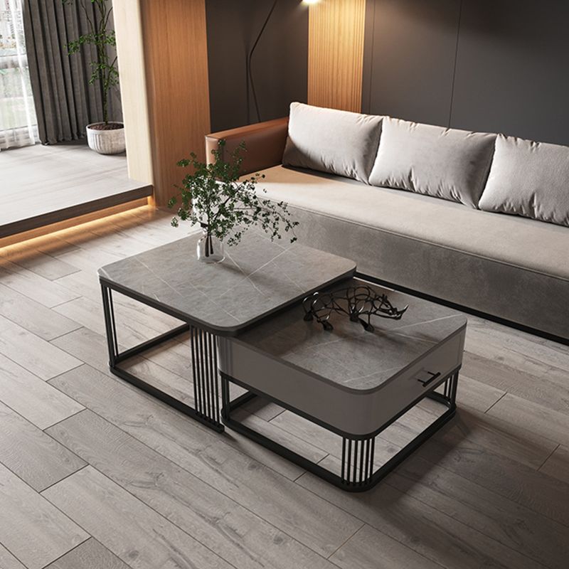 Square Nesting Coffee Table Set Slate Frame Coffee Cocktail Table with Drawer