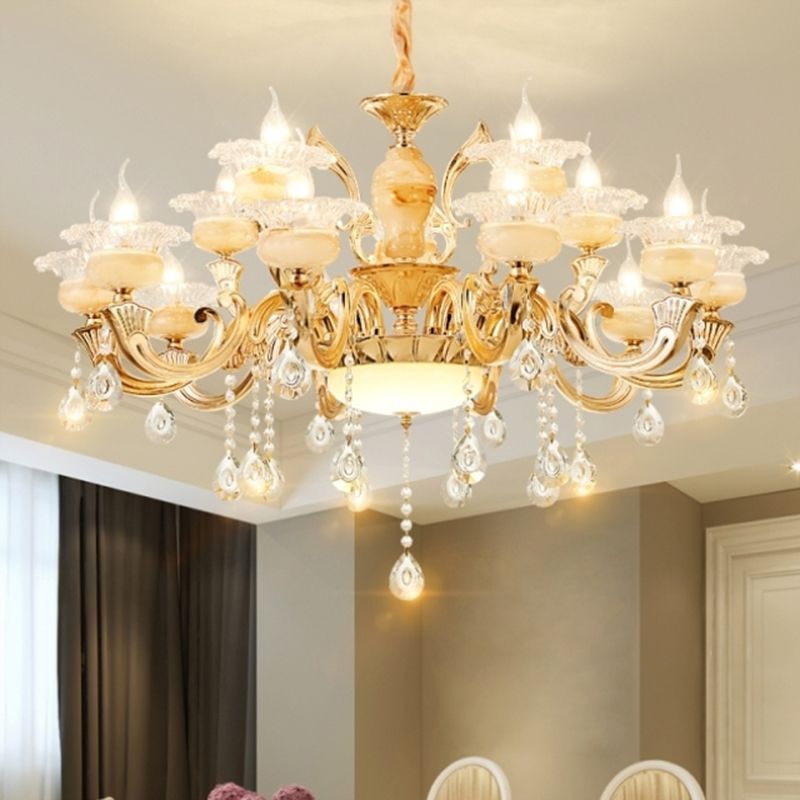 Gouden bloemenschaduw kroonluchter licht retro glas woonkamer hanglamp lamp met hangende kristal